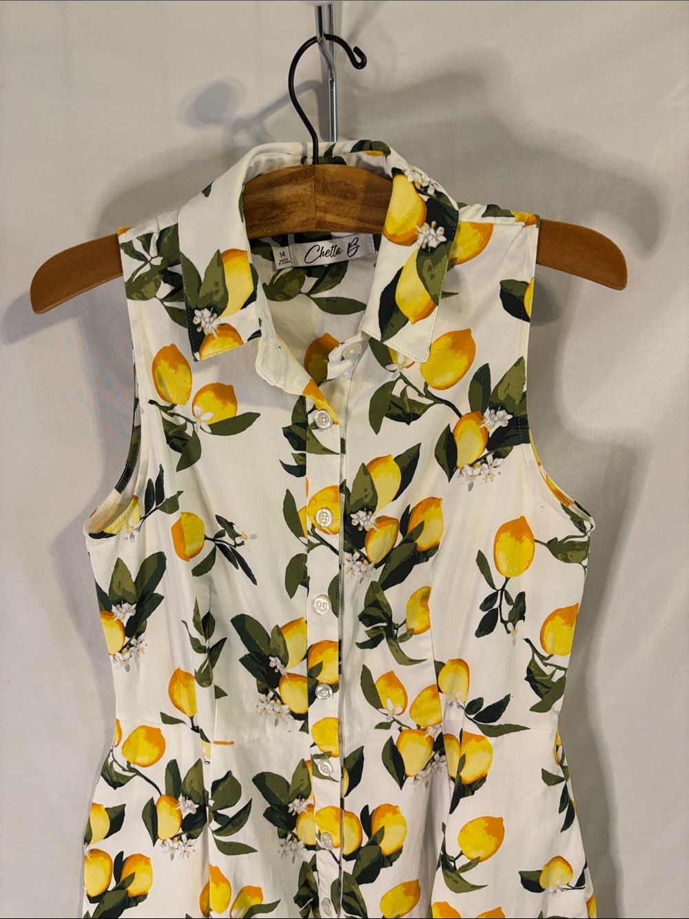 Chetta B Sleeveless Lemon Print Button Down Shirt Dress Size 14 Fit and Flare - Picture 2 of 8